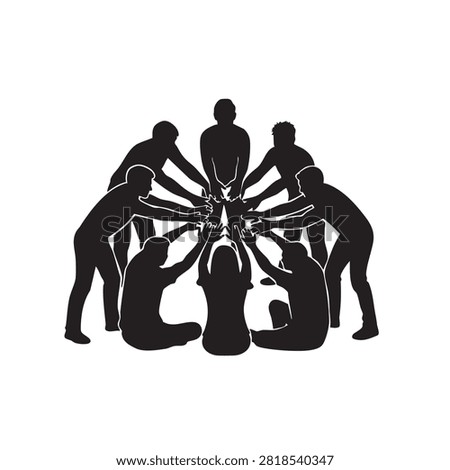 Black silhouette illustration of group of men and women gathered in circular formation holding hands. Design represents team spirit unity collaboration synergy success togetherness corporate workshop group activity professional relationship solidarity connection support teamwork community and cooperation.