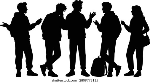 Black silhouette illustration of a group of students socializing, chatting, and using smartphones while carrying backpacks. Ideal for education, youth lifestyle, campus life, communication, and social interaction design projects.