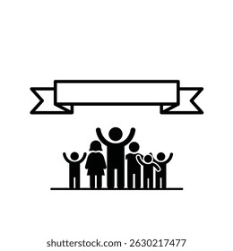 Black silhouette illustration of happy family with raised arms and blank banner