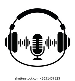 Black silhouette illustration of headphones surrounding a microphone with sound waves emanating from it against a white background