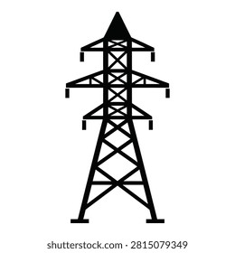 Black silhouette illustration of a high voltage electricity pylon on white background. Power transmission tower symbol representing energy infrastructure and electric grid systems.