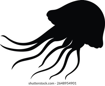 Black silhouette illustration of a jellyfish with flowing tentacles against a white background