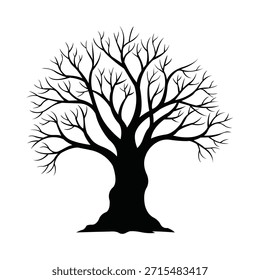 Black silhouette illustration of a leafless tree with detailed branches, isolated on white background, representing nature, winter season, growth, strength, and minimal design