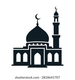 A black silhouette illustration of a mosque, featuring a prominent dome and a tall minaret, both topped with crescent moon symbols, against a white background. This iconic religious building represents Islamic architecture and faith.