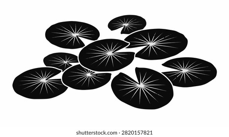 Black silhouette illustration of multiple water lily pads with radial vein patterns arranged on a white background, isolated vector style graphic of aquatic pond plants and lotus leaves.