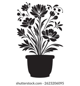 Black silhouette illustration of a potted floral bouquet featuring stylized flowers and leaves, ideal for use in botanical artwork, decorative design projects, garden-themed icons, and elegant nature 