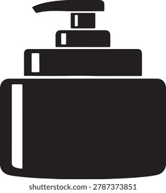 Black silhouette illustration of pump bottle. Graphic design element for packaging, hygiene products, beauty, or cleaning supplies. Versatile icon for various applications.