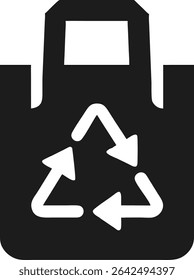 Black silhouette illustration of a reusable shopping bag with recycling arrows