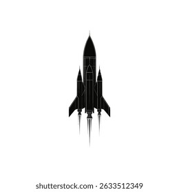Black silhouette illustration. A rocket blasting off with flames. The minimalist spacecraft design is isolated on a transparent backdrop.