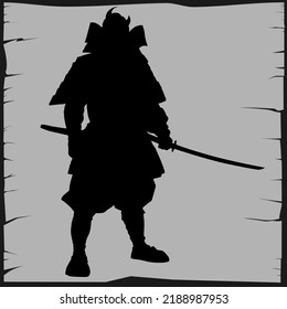 black silhouette illustration of a samurai with a background