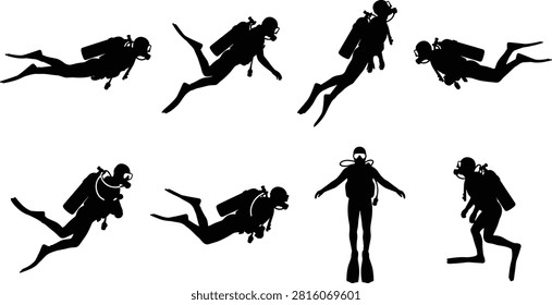 Black silhouette illustration set featuring scuba divers swimming, floating, descending, and exploring underwater in varied poses. Ideal for diving schools, marine adventure branding, safety materials, posters, signage, websites, infographics, and educational projects.
