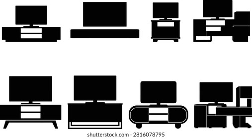 Black silhouette illustration set featuring flat screen televisions displayed on media consoles, cabinets, shelving units, and home entertainment centers. Ideal for furniture catalogs, interior design graphics, electronics advertising, websites, infographics, signage, and commercial projects.
