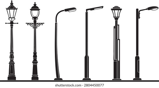 A black silhouette illustration showcases six distinct street lamp designs, ranging from ornate Victorian-era posts to sleek, contemporary LED fixtures, ideal for urban planning and design projects.