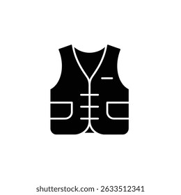 Ilustração de silhueta preta mostrando o ícone do colete do pescador com bolsos frontais e V-neck em um fundo transparente. Limpar arte vetorial.