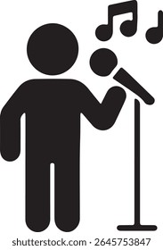 A black silhouette illustration shows a stick figure singing into a microphone on a stand, with musical notes above.