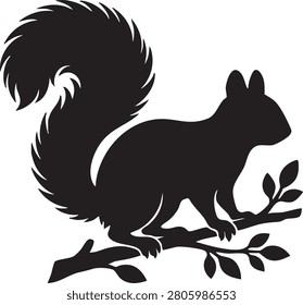 Black silhouette illustration of a squirrel perched on a tree branch