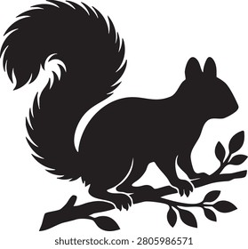 Black silhouette illustration of a squirrel perched on a tree branch