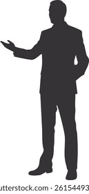 A black silhouette illustration of a standing businessman in a suit casts a shadow, a vector symbol of one person in the office