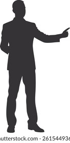A black silhouette illustration of a standing businessman in a suit casts a shadow, a vector symbol of one person in the office