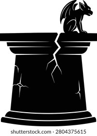 Black silhouette illustration of a stone gargoyle on broken pedestal