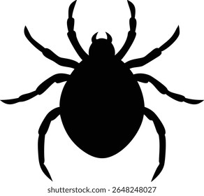 Black silhouette illustration of a tick arachnid with six legs and curved antennae on white