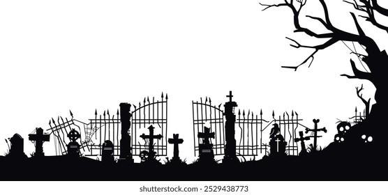 black silhouette illustration of tombstones, crosses and gravestones, cemetery elements with creepy fence. cemetery panorama