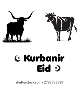 Black silhouette illustration of two cows with crescent moon symbols and Korban Eid text