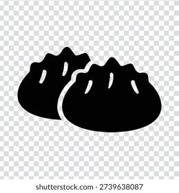 A black silhouette illustration of two dumplings with pleated tops, set against a transparent background with a subtle grey and white checkerboard pattern, ideal for culinary or food-related designs
