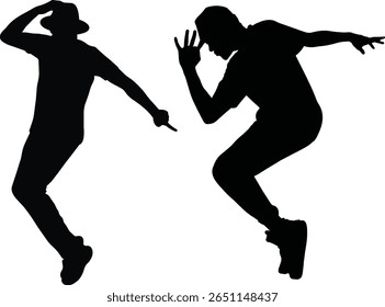 Black silhouette illustration of two energetic hip hop dancers captured mid-move. Perfect for dance-related designs, posters, or urban-style graphics.