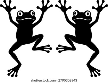 Black silhouette illustration of two frogs with arms raised, amphibian