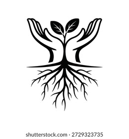 A black silhouette illustration of two hands cradling a small plant with two leaves and extensive roots growing downward, set against a pure white background.