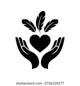 A black silhouette illustration of two hands cradling a heart with feathers rising from it, set against a pure white background, conveying love and care.