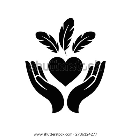 A black silhouette illustration of two hands cradling a heart with feathers rising from it, set against a pure white background, conveying love and care.
