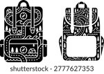 A black silhouette illustration of two hiking backpacks featuring nature-themed designs, set against a clean white background.