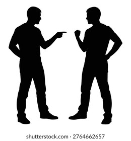 A black silhouette illustration of two men standing face to face, one pointing a finger at the other in a confrontational or argumentative manner.