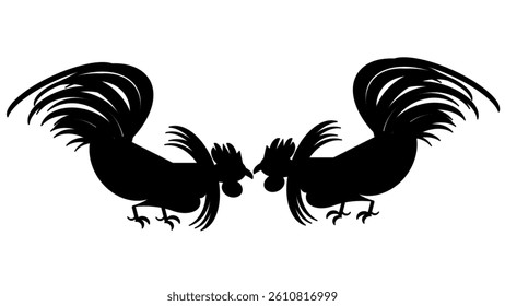 A black silhouette illustration of two roosters facing each other in a confrontational stance. The image is symmetrical and set against a plain white background.