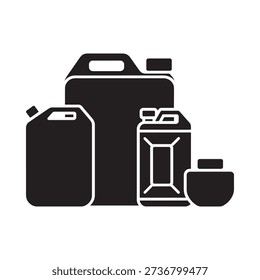 Black silhouette illustration of various plastic containers and jerrycans stacked