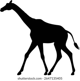 Black silhouette illustration of a walking giraffe isolated on a clean white background