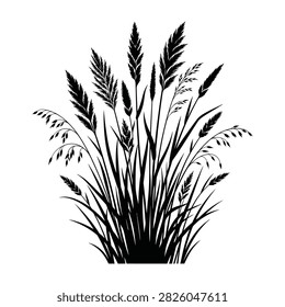 A black silhouette illustration of wheat grass and plants on a white background, nature and growth concept