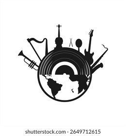 Black silhouette illustration of world map with vinyl record and various musical instruments including trumpet, harp, guitar, saxophone, violin, and maracas. Perfect for music day and creative project