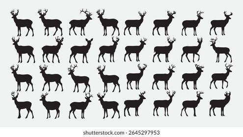 Black silhouette illustrations of different deer stances arranged in a minimal grid format