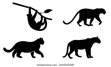 Ilustrações de silhueta preta com uma preguiça pendurada em um galho e várias representações de pantera ou leopardo.