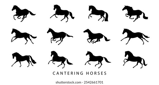 Black silhouette illustrations of horses in various cantering poses, showing the graceful movement of horses, isolated on a white background