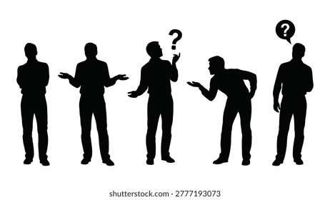 Black silhouette illustrations of men with question marks above their heads, conveying concepts of doubt and uncertainty.