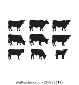 Black Silhouette Illustrations Of Nine Cattle Animals On White Background