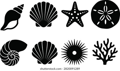 Black Silhouette Illustrations of Ocean Elements Including Shells, Starfish, Coral, and Sea Urchin in Vector Design