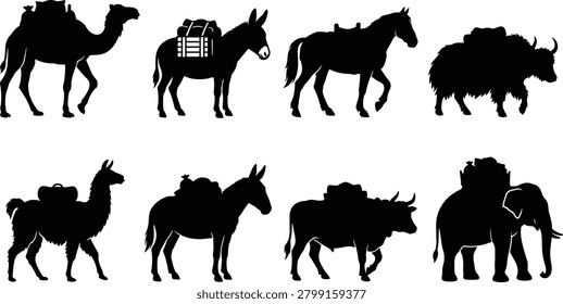 Black silhouette illustrations of pack and transport animals carrying cargo, including camel, donkey, horse, yak, llama, buffalo, and elephant. Ideal for logistics concepts, trade history, travel themes, educational materials, and animal-related design projects.