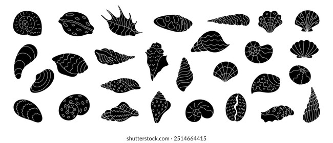 Ilustraciones de silueta negra de conchas marinas. Varios diseños de conchas y mariscos. Elementos de Vector marino con vida submarina, flora aislada y Formas de fauna.