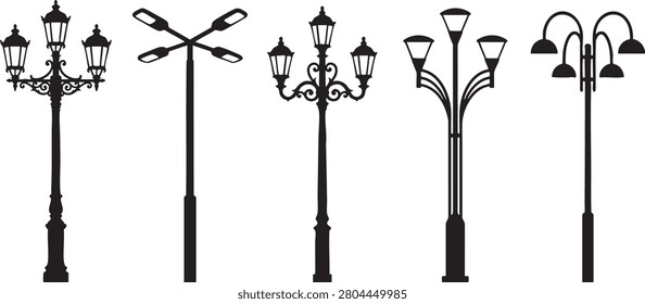 Black silhouette illustrations showcasing diverse street lamp designs, including ornate Victorian, contemporary curved, and functional urban lighting fixtures, ideal for cityscapes and design projects.