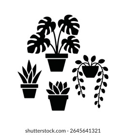 Black silhouette illustrations of various indoor plants and potted greenery on a white background